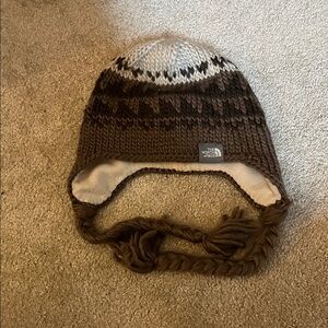 The North Face Brown and Cream Knit Earflap Hat